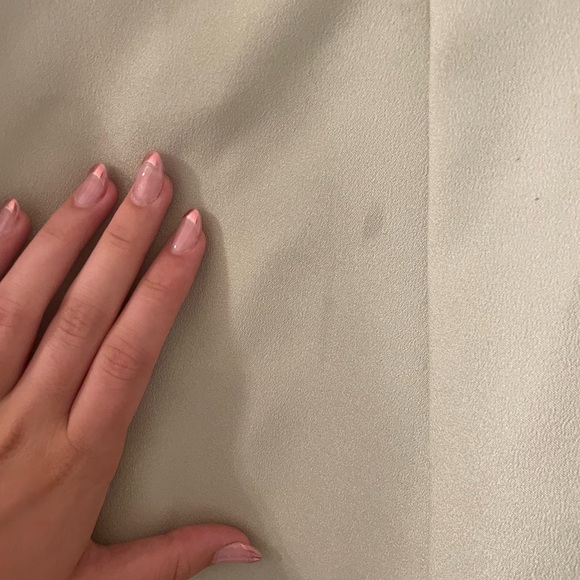 Sage green satin dress w/ beaded trim & spaghetti straps featuring zipper & bow - Picture 5 of 9